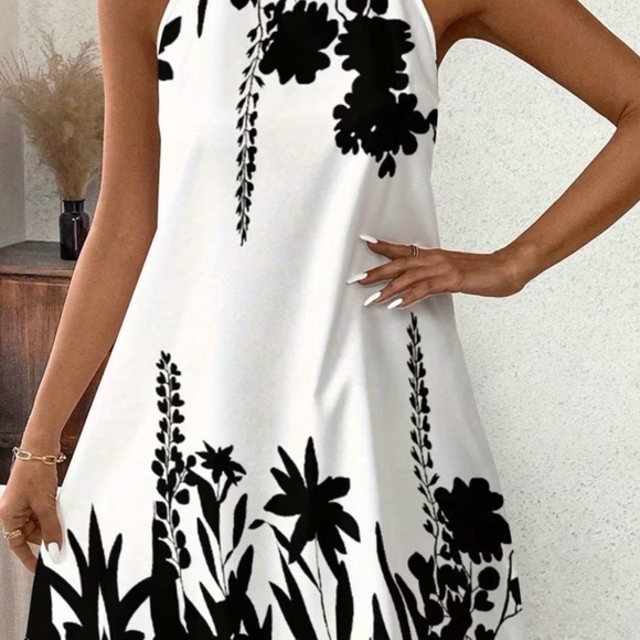 Halter Black and White Floral A-Line Dress - - Picture 5 of 6